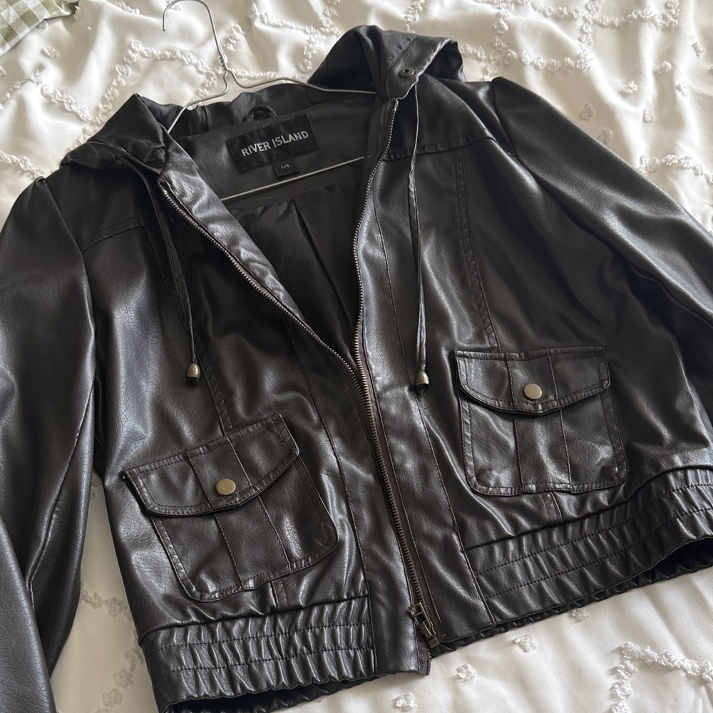 River Island Black Faux Leather Hooded Jacket